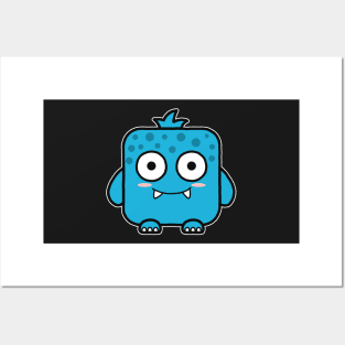 Kawaii Blue Square Monster Posters and Art